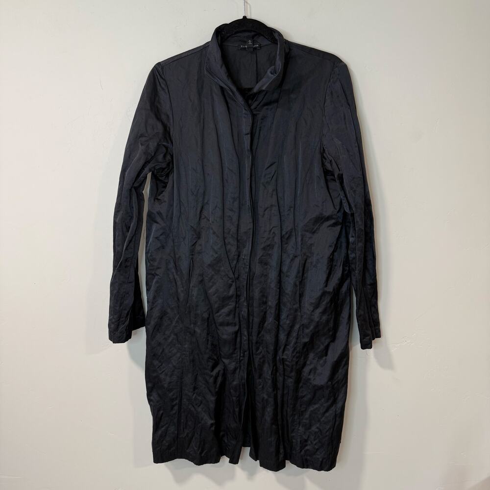 Eileen Fisher Women's Jacket Metallic Tunic Length Button Front Dark Grey Medium